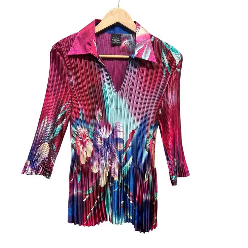 Magic Scarf Fuchsia Pink Multicolor Floral Pleated Blouse Size OS